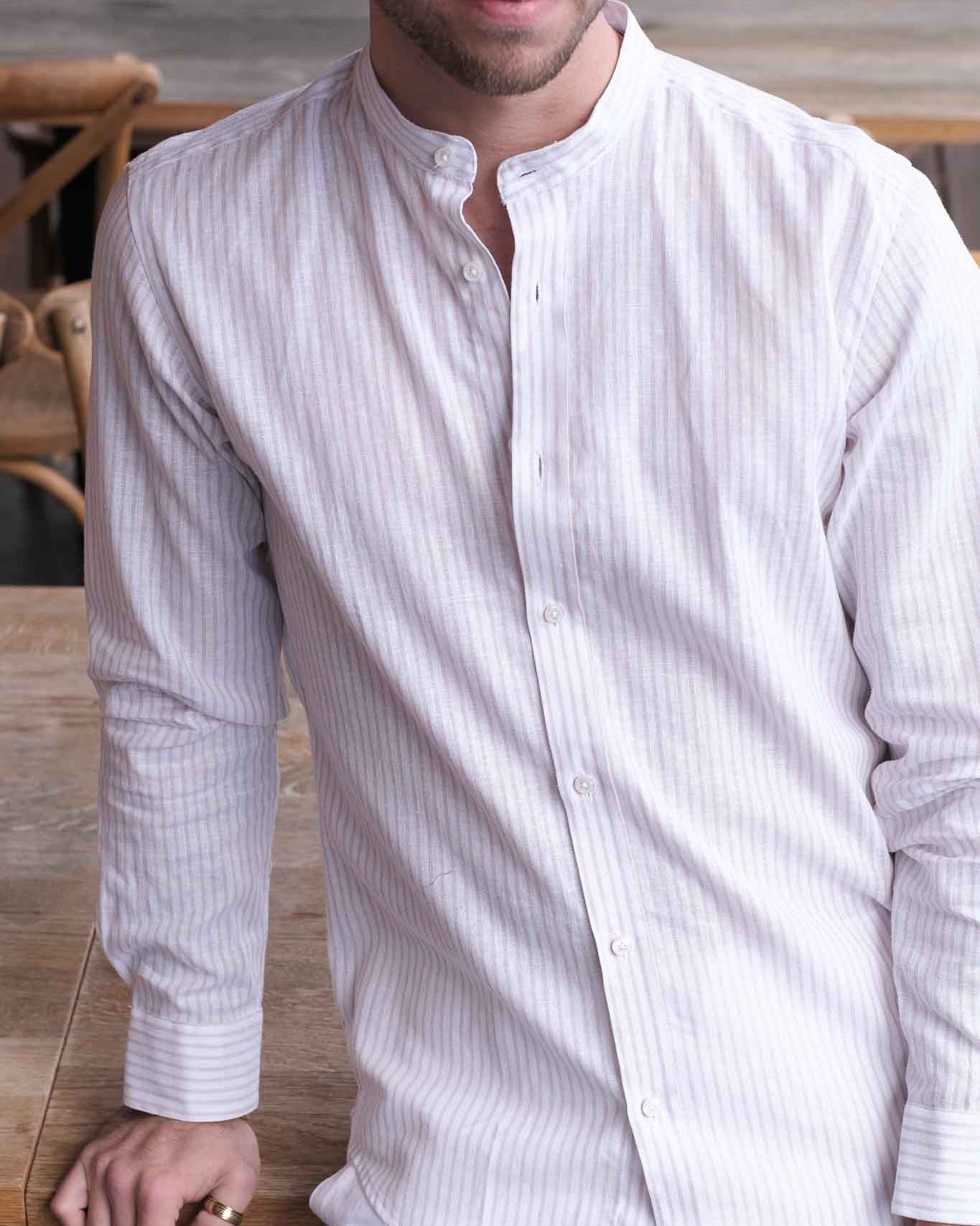 Chemise en lin à rayures beige avec col montant (Art. 2261-C-SK)