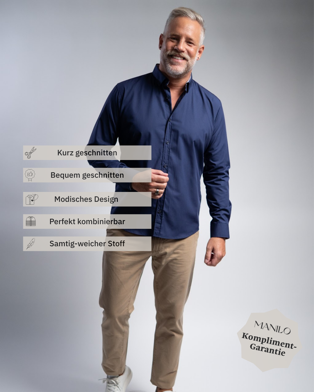 Chemise décontractée facile à repasser avec motif imprimé dans le col et les poignets en bleu foncé (art. 1013-C)