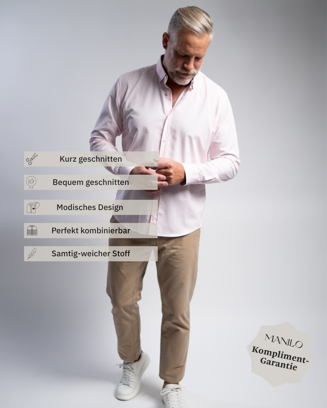 Chemise décontractée facile à repasser avec motif imprimé dans le col et les poignets en rose (art. 1015-C)