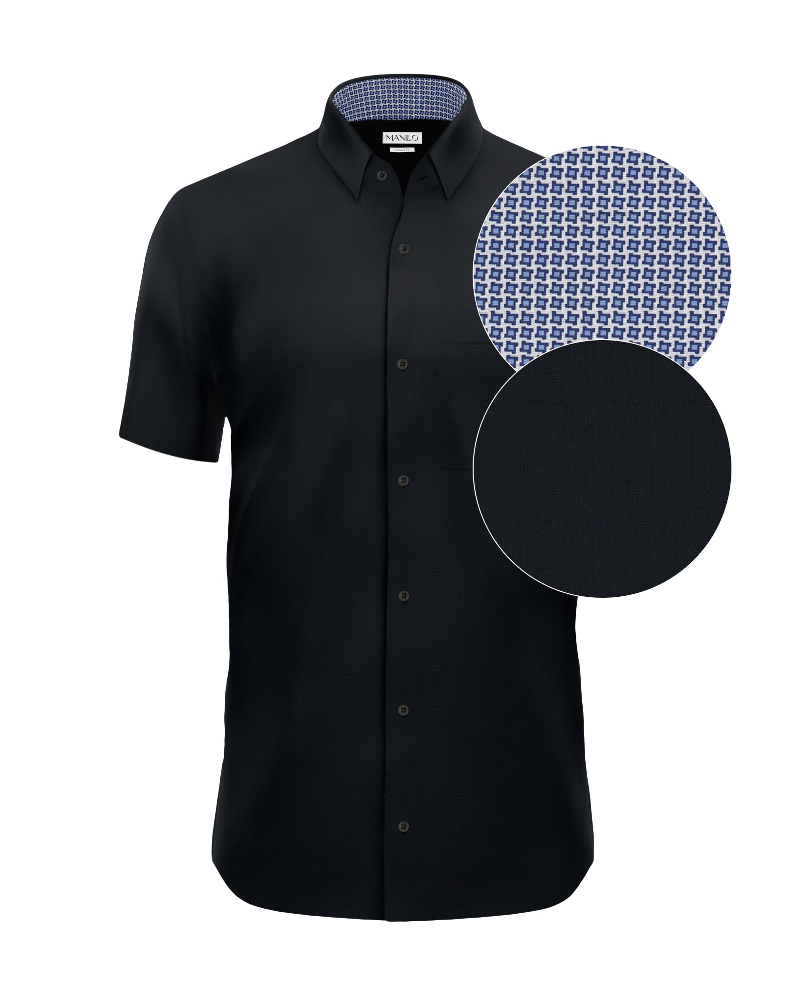 Easy-iron short-sleeved casual shirt with print pattern in collar and cuff in black (item 1014-C-KA)