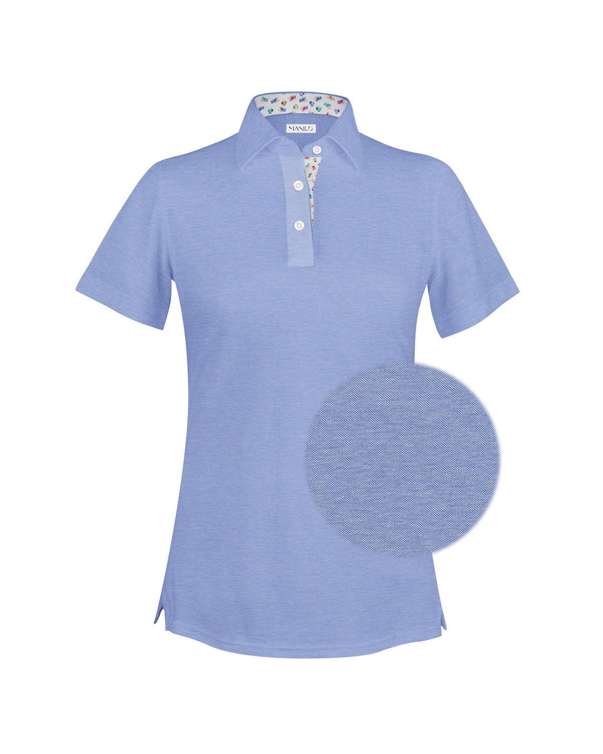 Kurzarm-Poloshirt LOUISE mit Printmuster in Kragen und Knopfleiste in Mittelblau (Art. 2173D-L-KA)