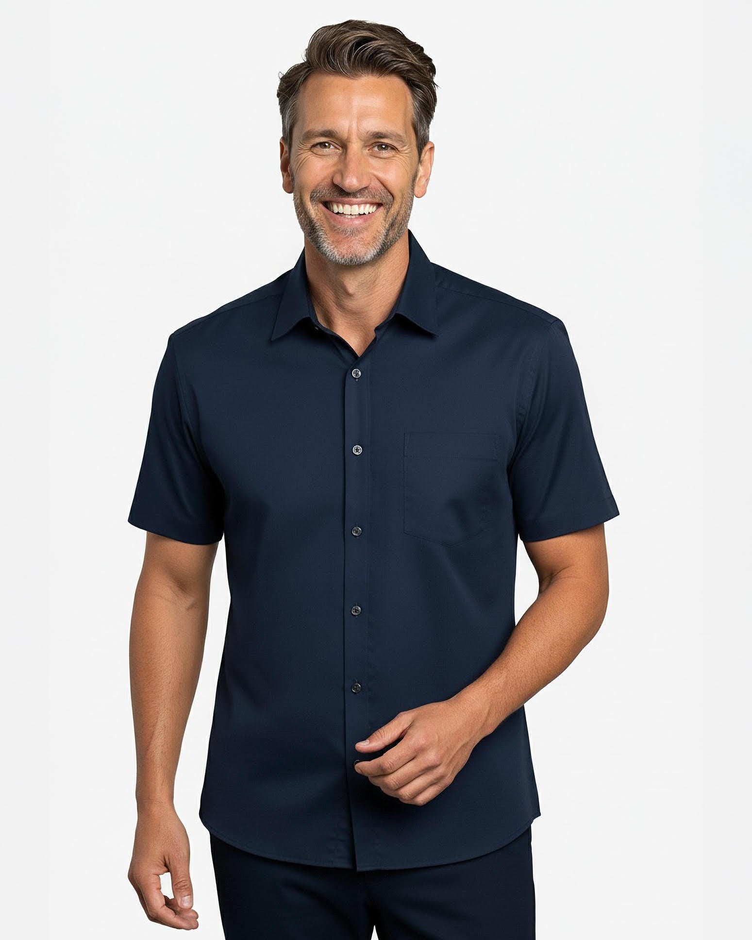Easy-iron short-sleeved casual shirt with print pattern in collar and cuff in dark blue (item 1013-C-KA)
