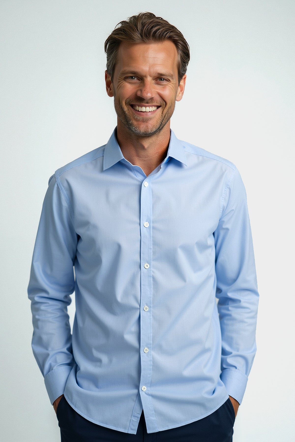 Easy-iron casual shirt with print pattern in collar and cuff in light blue (item 1012-C)
