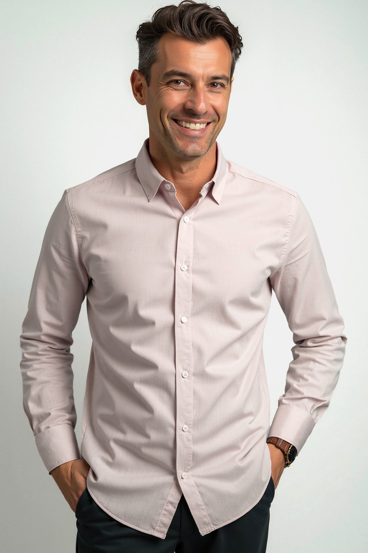 Chemise décontractée facile à repasser avec motif imprimé dans le col et les poignets en rose (art. 1015-C)