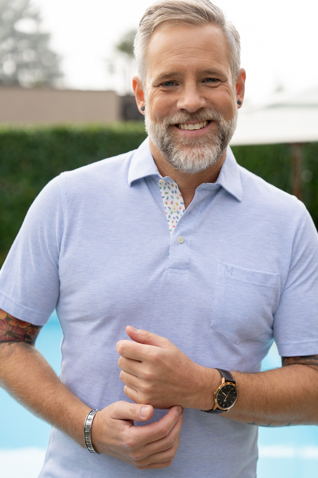 Poloshirt mit Printmuster in Kragen und Knopfleiste in Hellblau (Art. 2582-PS-KA)