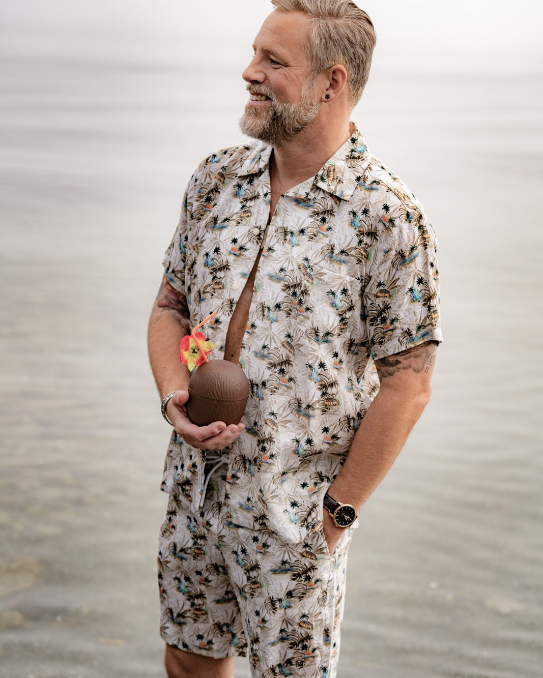 Hawaii-Hemd in Leinen mit Strand-Print in Beige (Art. 2546-BS)