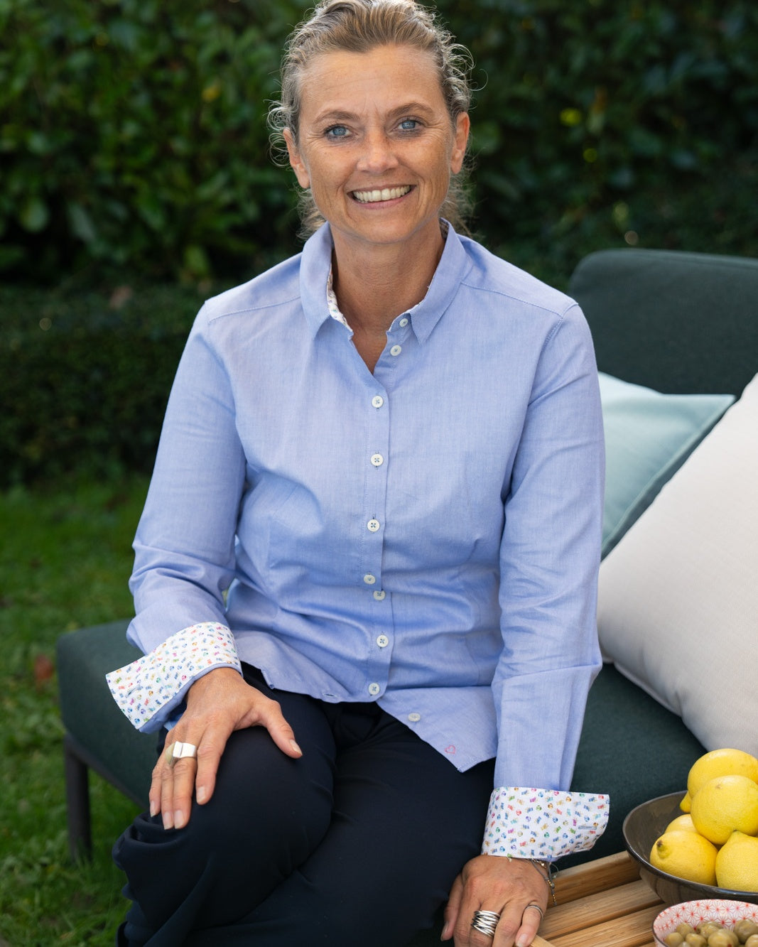 Bluse SOPHIE mit Printmuster in Kragen und Manschette in Blau (Art. 2155D-S)