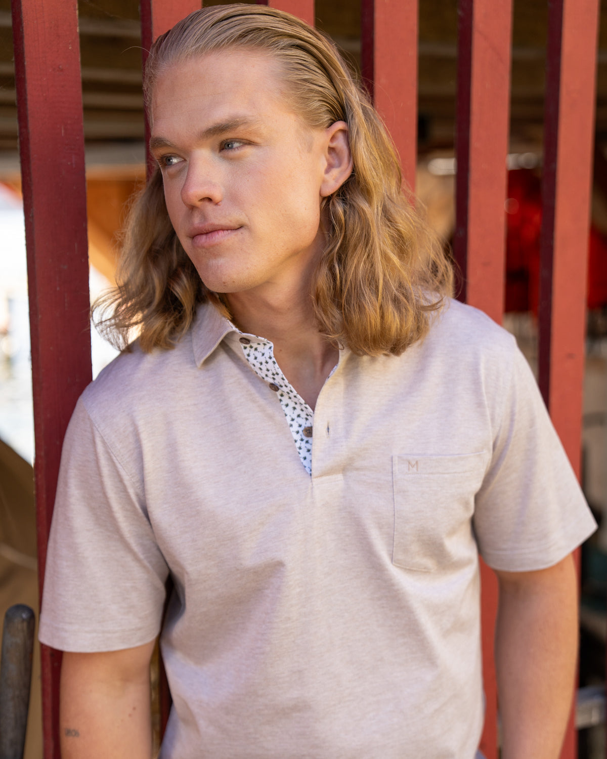 Poloshirt in Beige mit Printmuster in Kragen und bei Knopfleiste (2901-PS-KA)