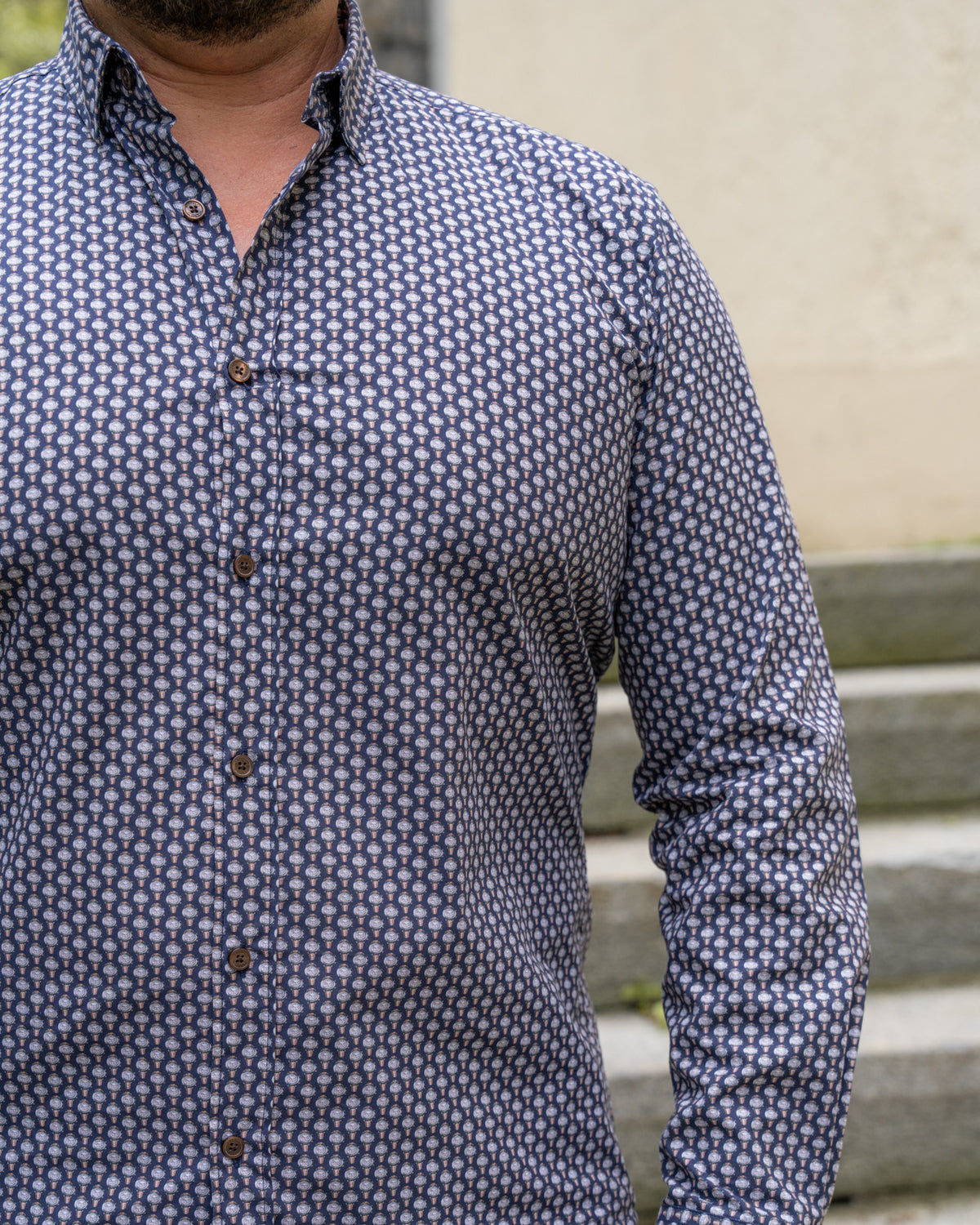 Freizeithemd Langarm mit Uhren Print in Blau/Braun (3050-C)