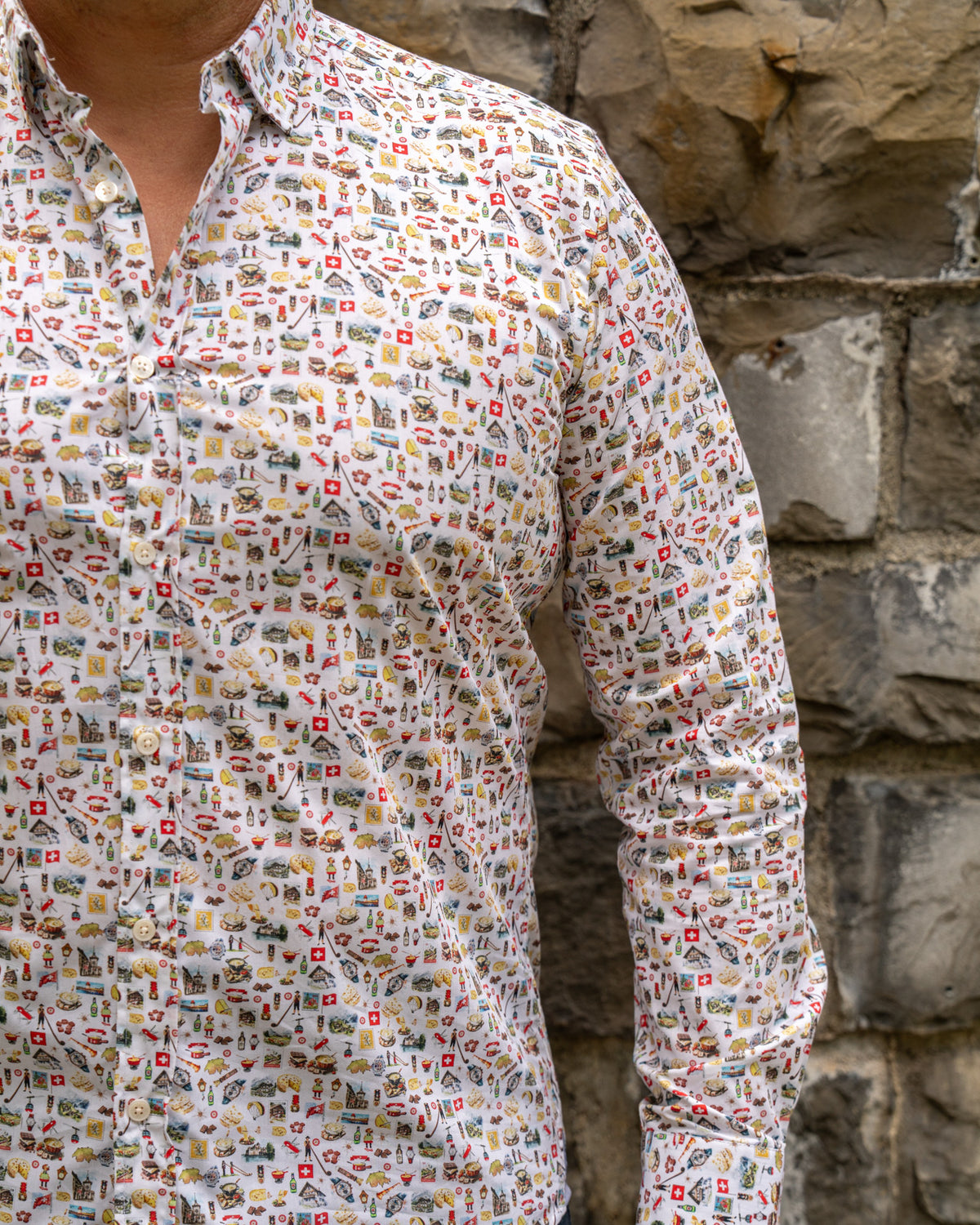 Long-sleeved casual shirt with Swiss print in white (3047-C)