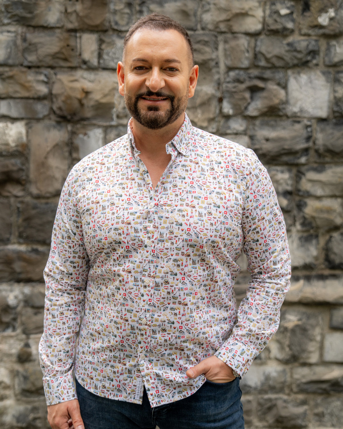 Long-sleeved casual shirt with Swiss print in white (3047-C)