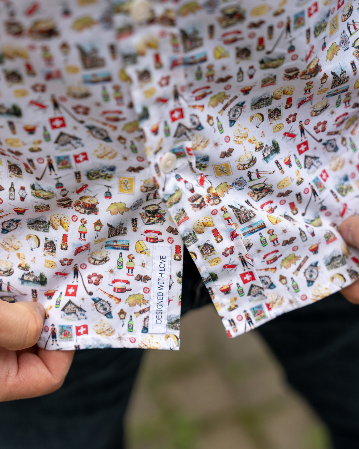 Long-sleeved casual shirt with Swiss print in white (3047-C)