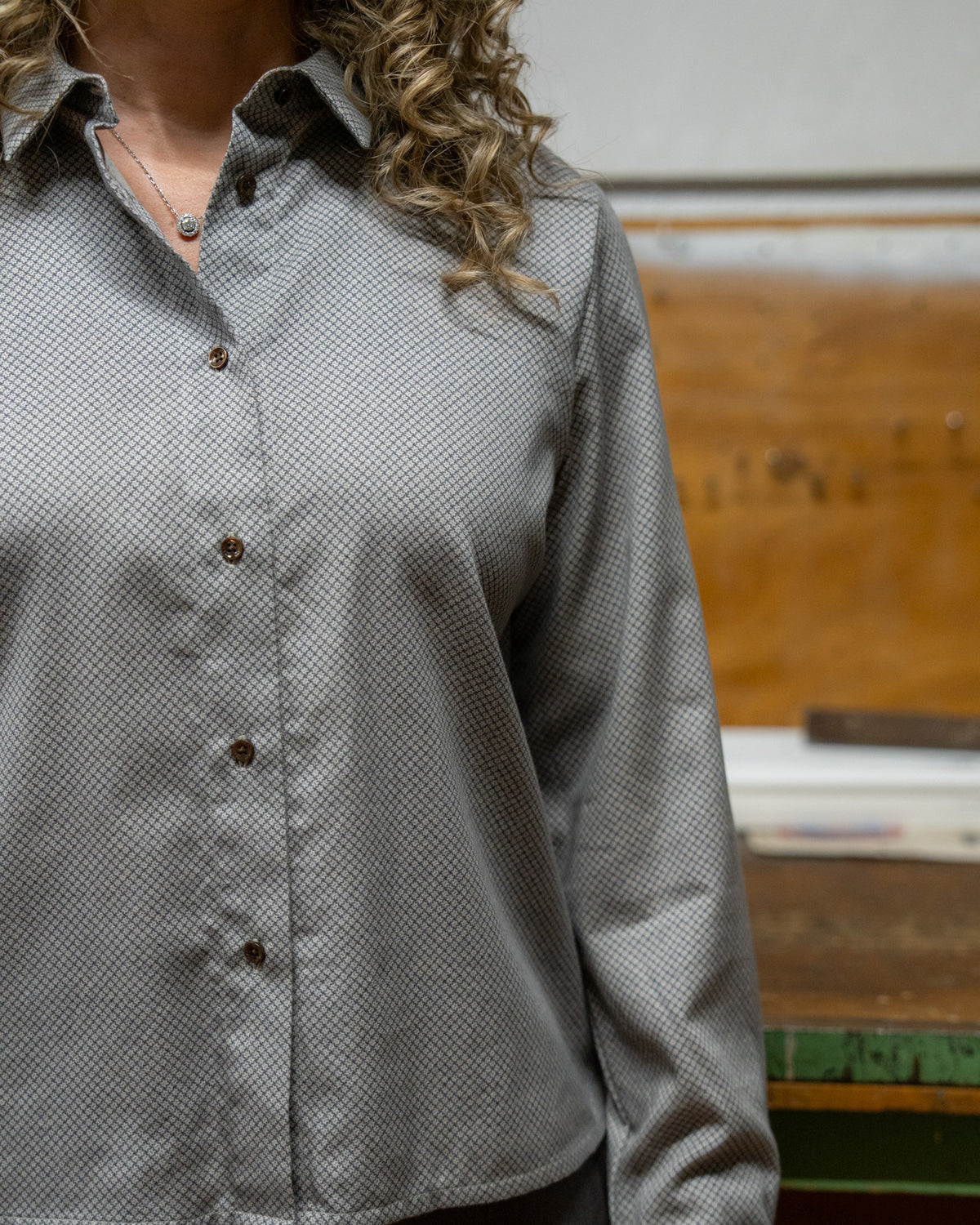 Boxy flannel blouse GABRIELLE with print pattern in beige (2561D-G)