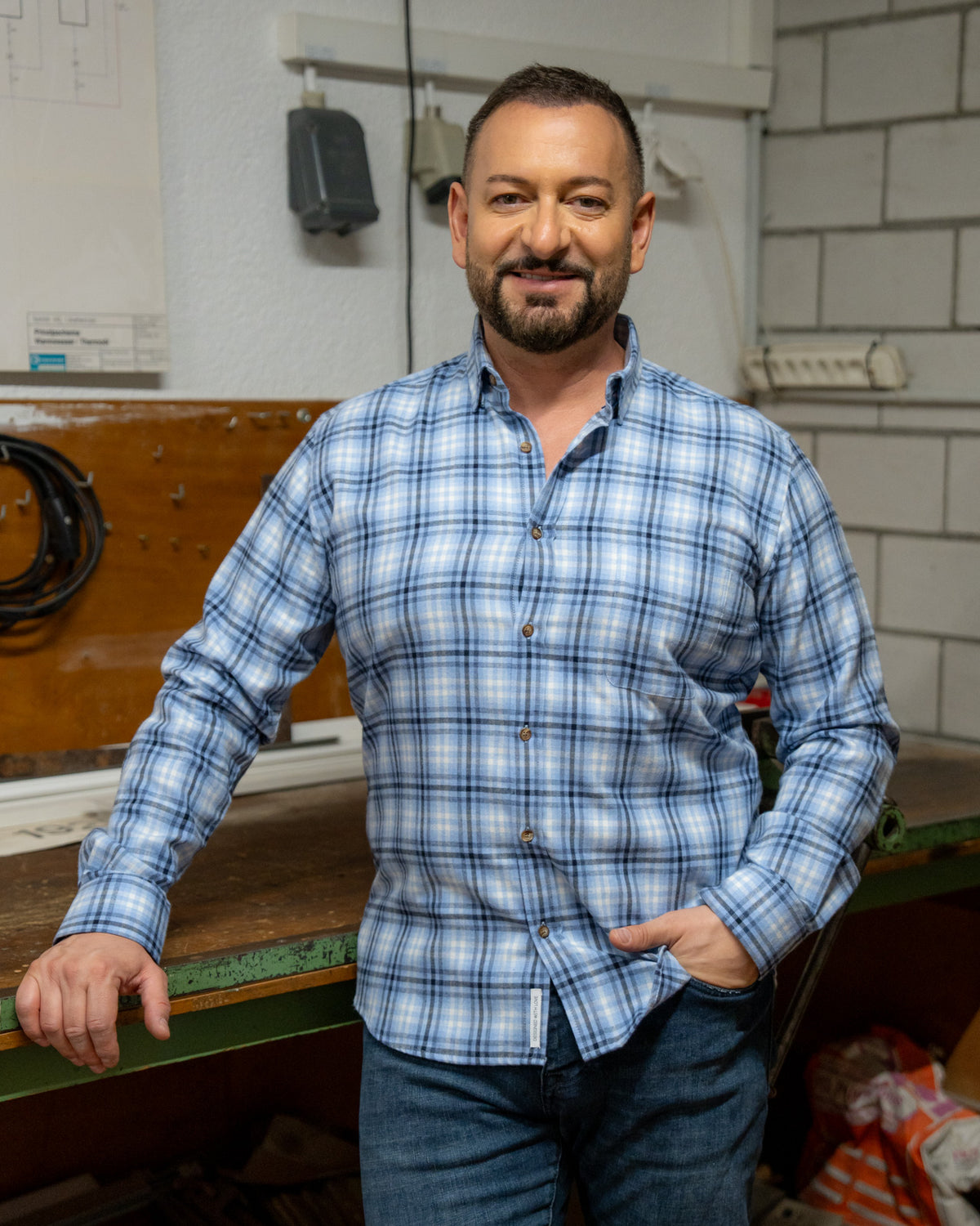 Flannel shirt long sleeve with check pattern light blue (3068-C)