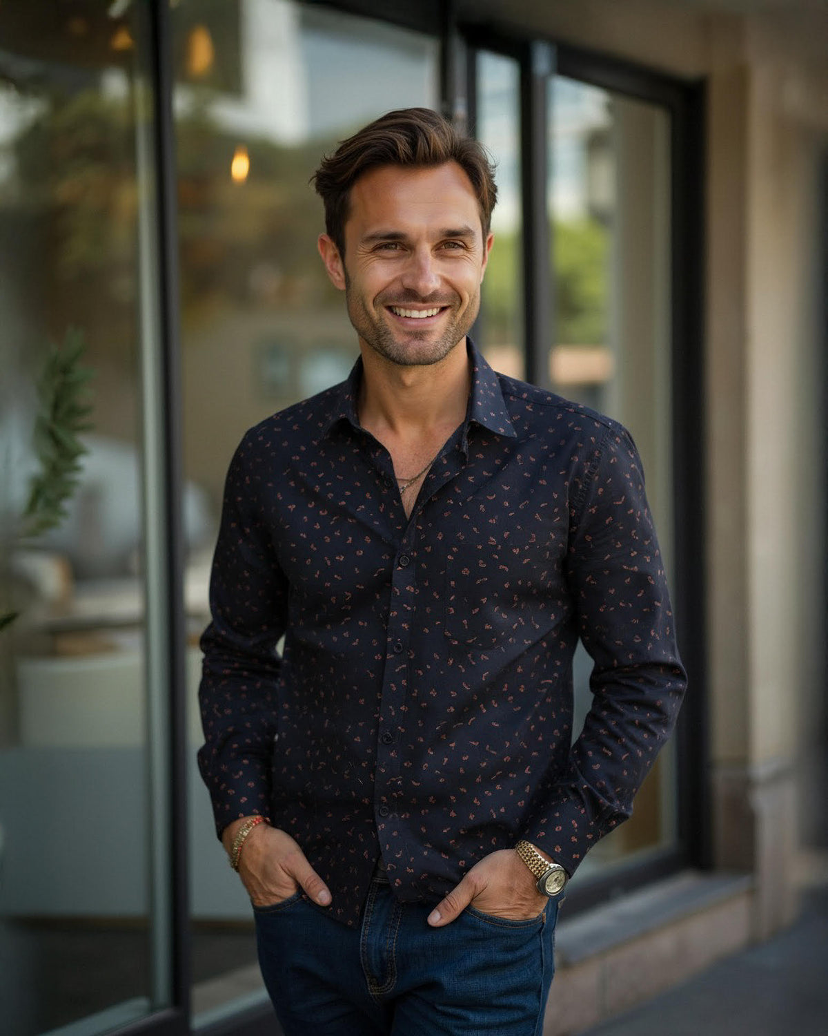 Freizeithemd mit Füchsen und Eichhörnchen Print in Blau (Art. 2740-C)