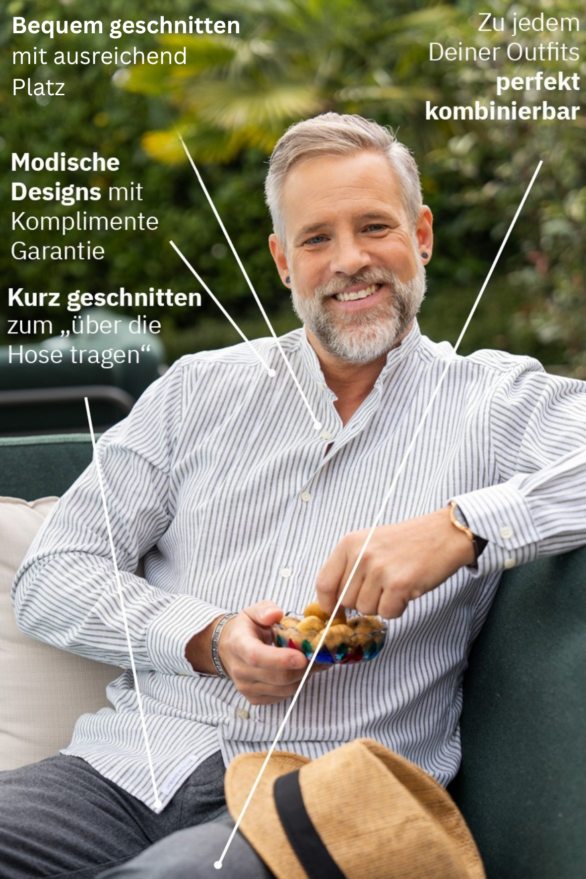 Leinenhemd mit Streifen in Grün und Stehkragen (Art. 2573-C-SK)