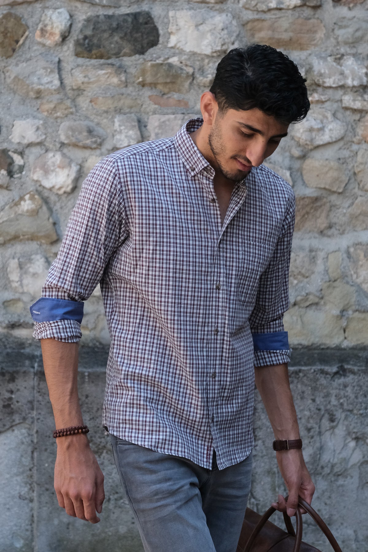 Leisure shirt with check pattern in wine red/white (Art. 2125-C)