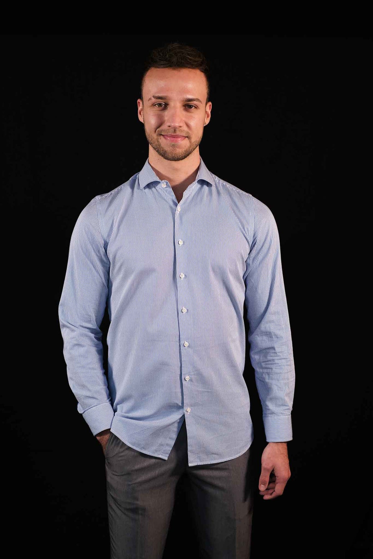 High Quality Twill Shirt Stripes Medium Blue Fitted (Slim Fit)