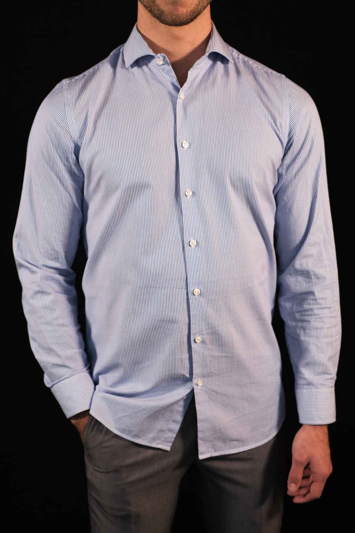 Hochwertiges Businesshemd Streifen Mittelblau Fitted (schmal geschnitten / Art. 1132-F)