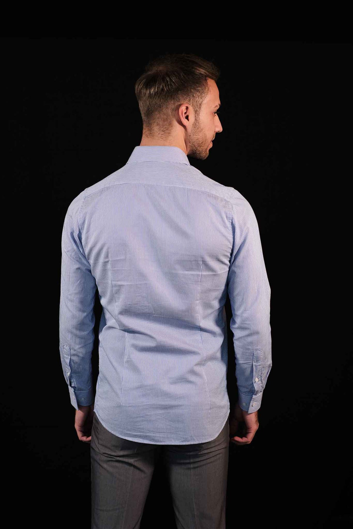 High Quality Twill Shirt Stripes Medium Blue Fitted (Slim Fit)
