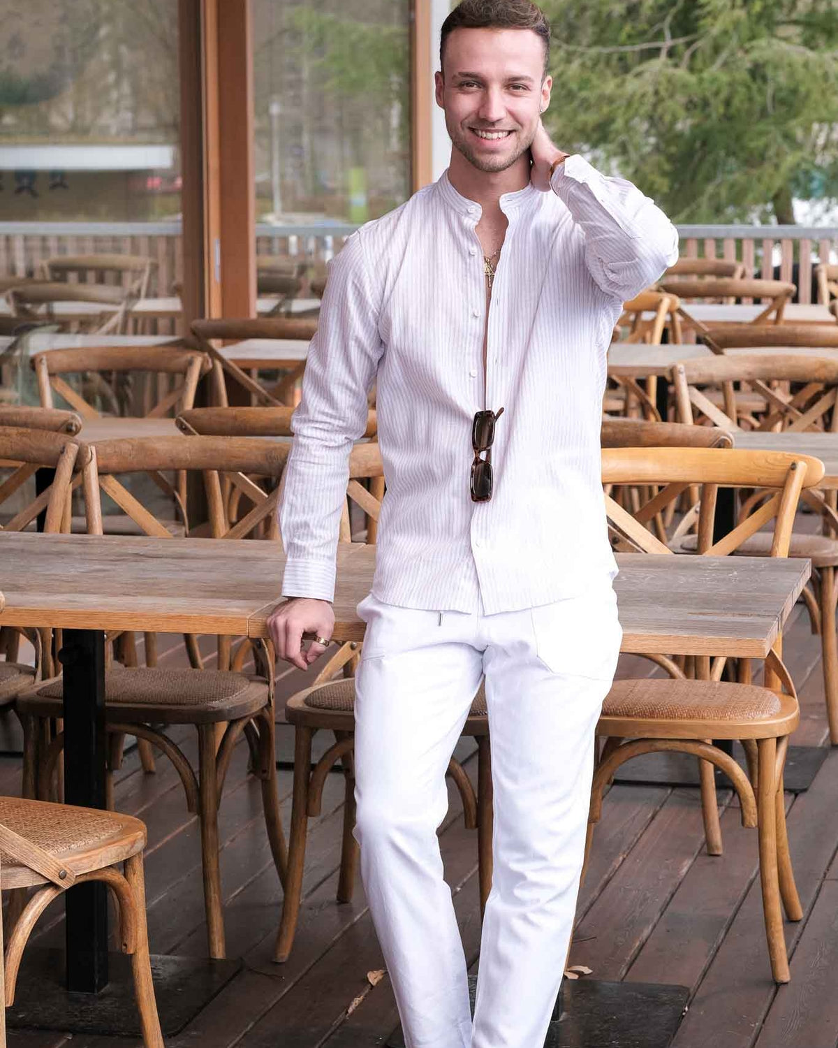 Chemise en lin à rayures beige avec col montant (Art. 2261-C-SK)