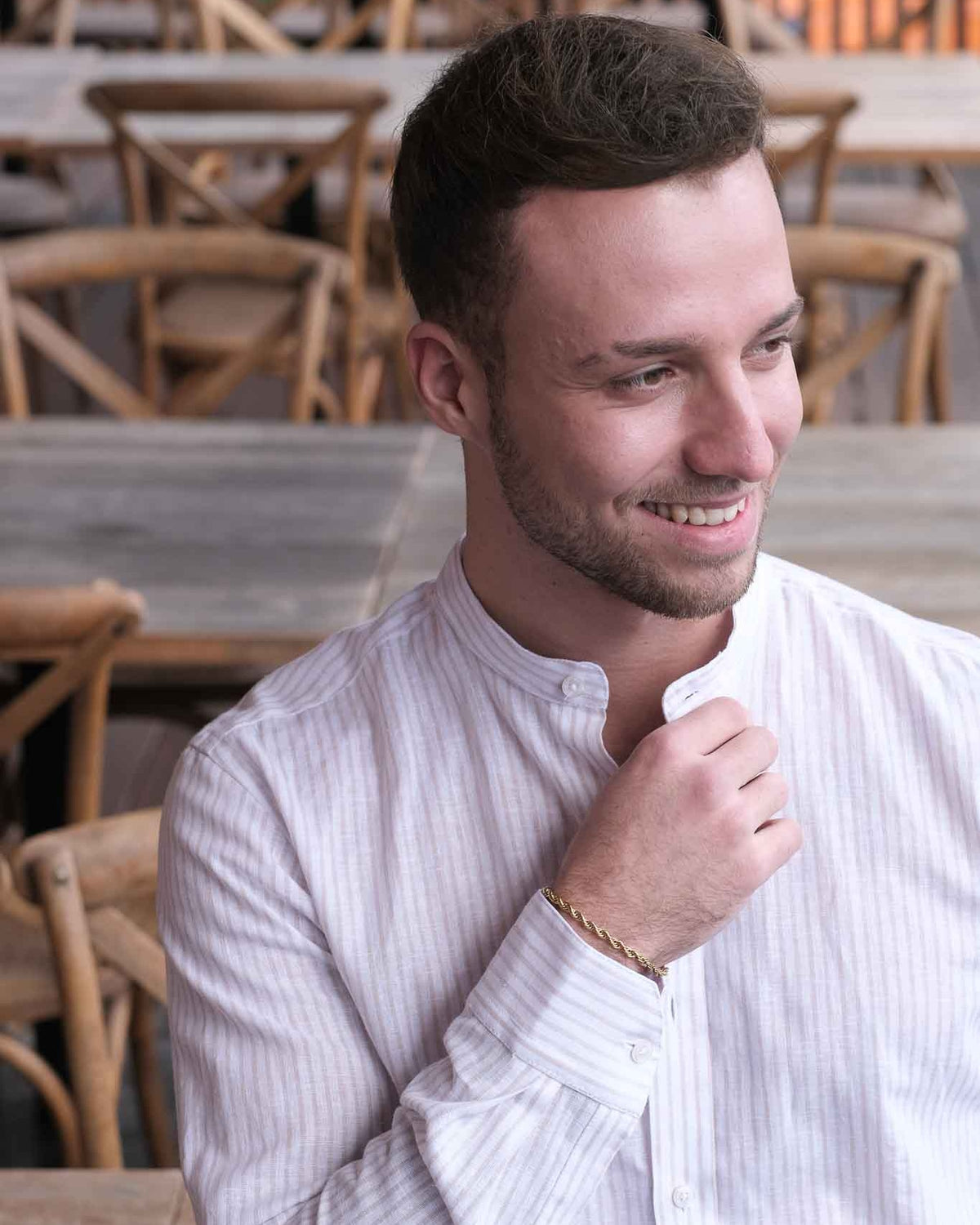 Chemise en lin à rayures beige avec col montant (Art. 2261-C-SK)