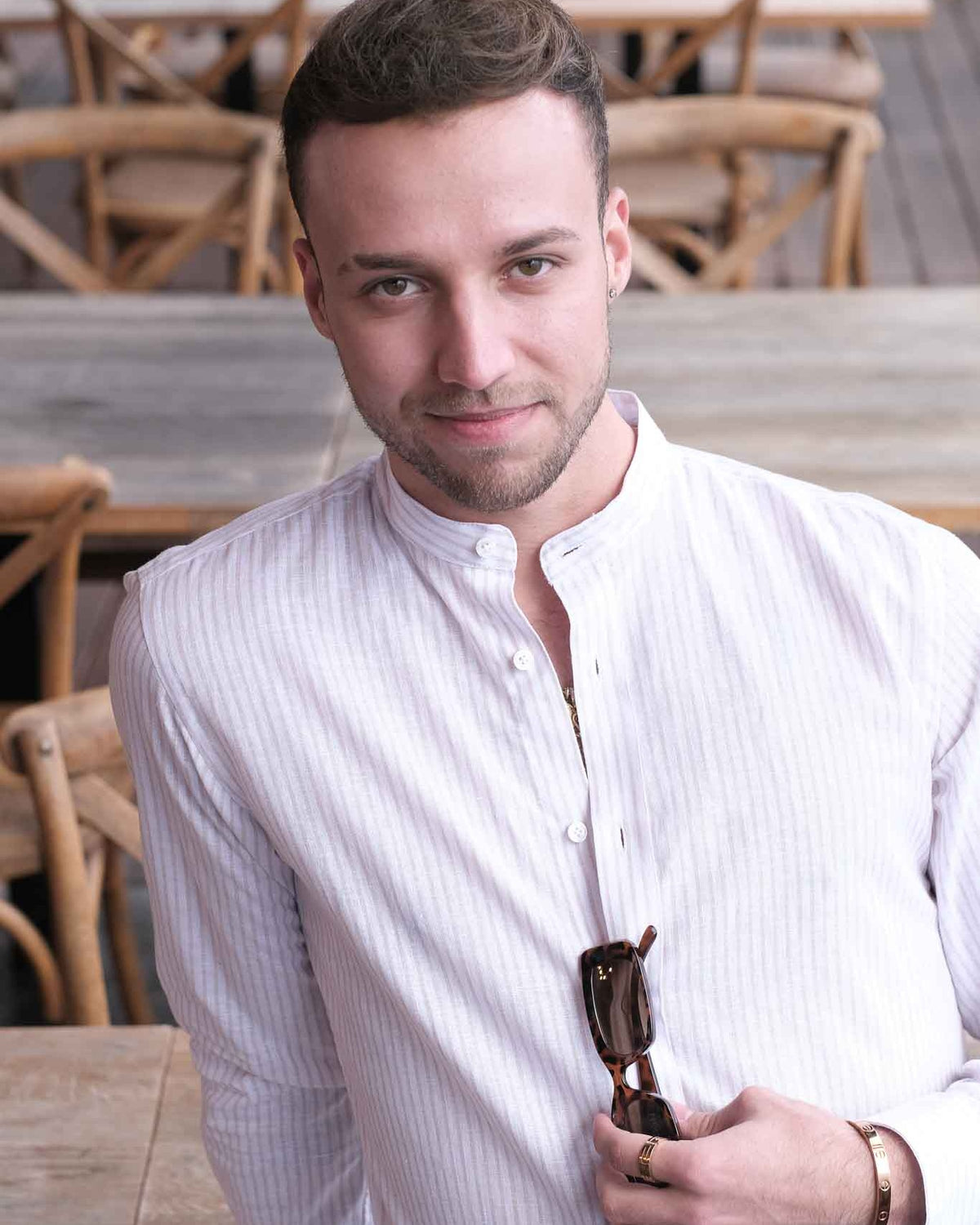 Chemise en lin à rayures beige avec col montant (Art. 2261-C-SK)