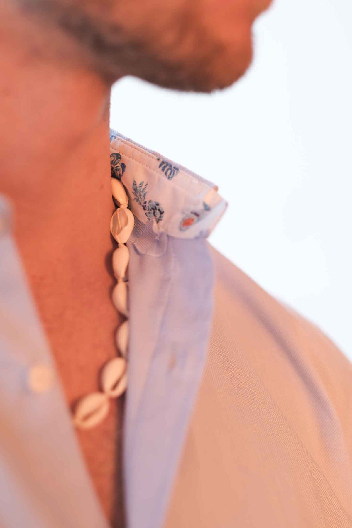 Casual shirt with summery print pattern in collar and cuff in light blue (item 2252-C)