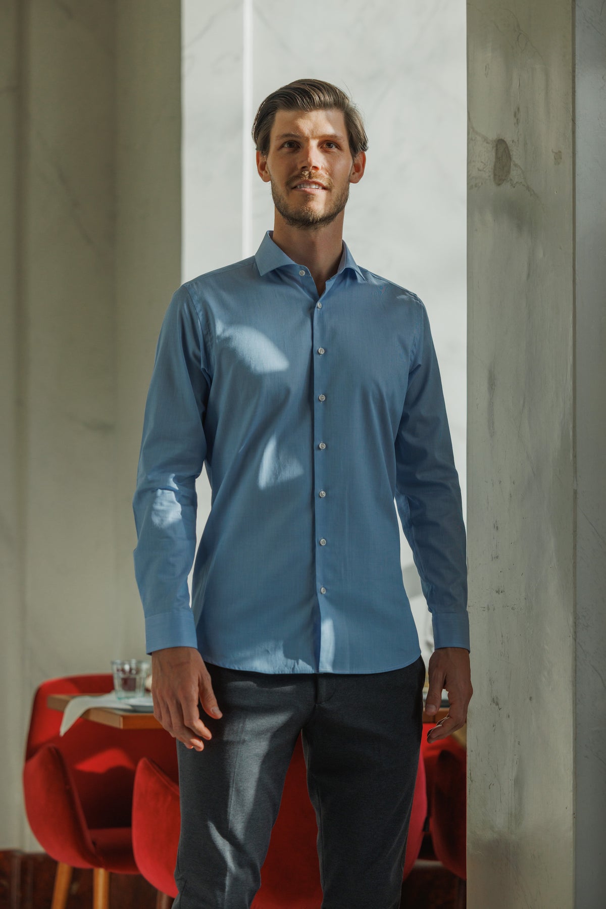 High Quality Twill Shirt Fine Check Medium Blue Modern Fit (Straight Cut)