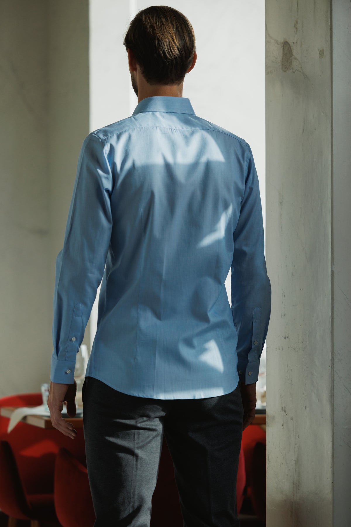 High Quality Twill Shirt Fine Check Medium Blue Modern Fit (Straight Cut)