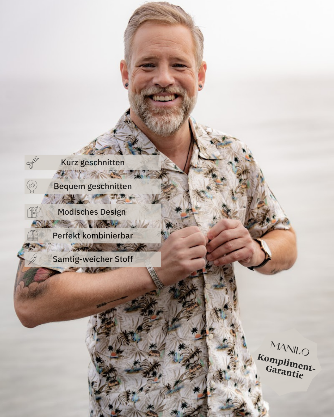 Hawaii-Hemd in Leinen mit Strand-Print in Beige (Art. 2546-BS)