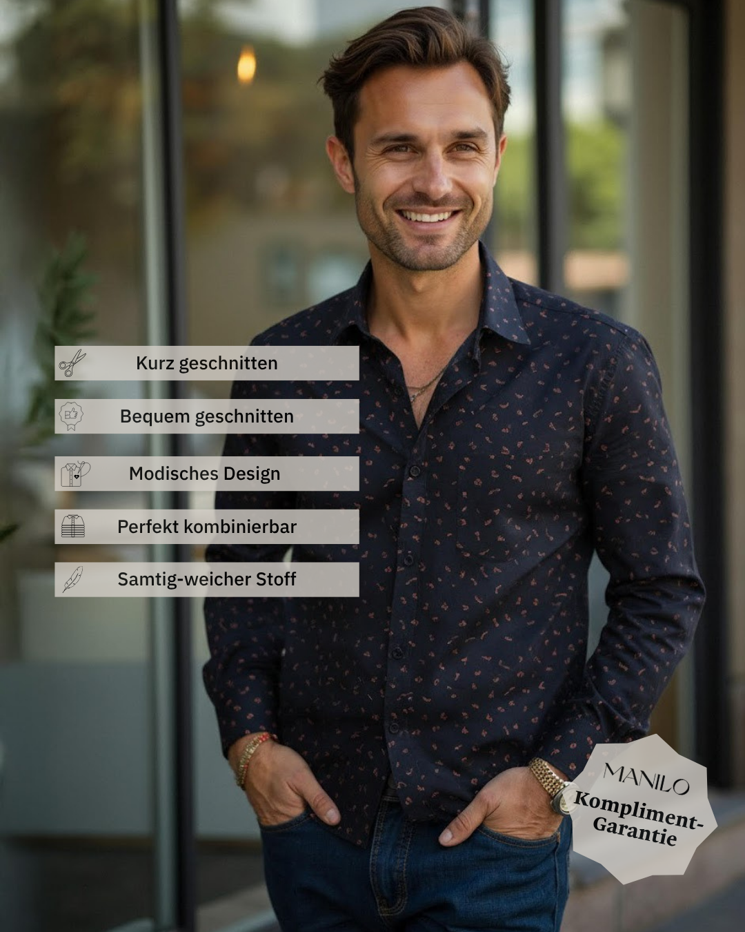 Freizeithemd mit Füchsen und Eichhörnchen Print in Blau (Art. 2740-C)