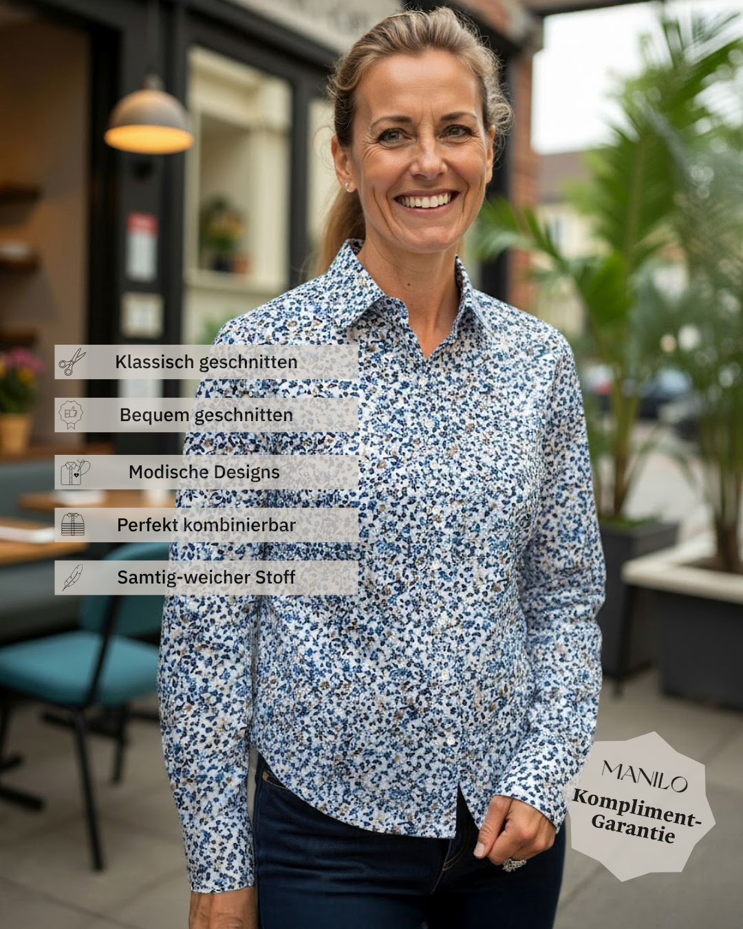 Stretch-Bluse SOPHIE mit Blumenprint in Blau (Art. 2202D-S)