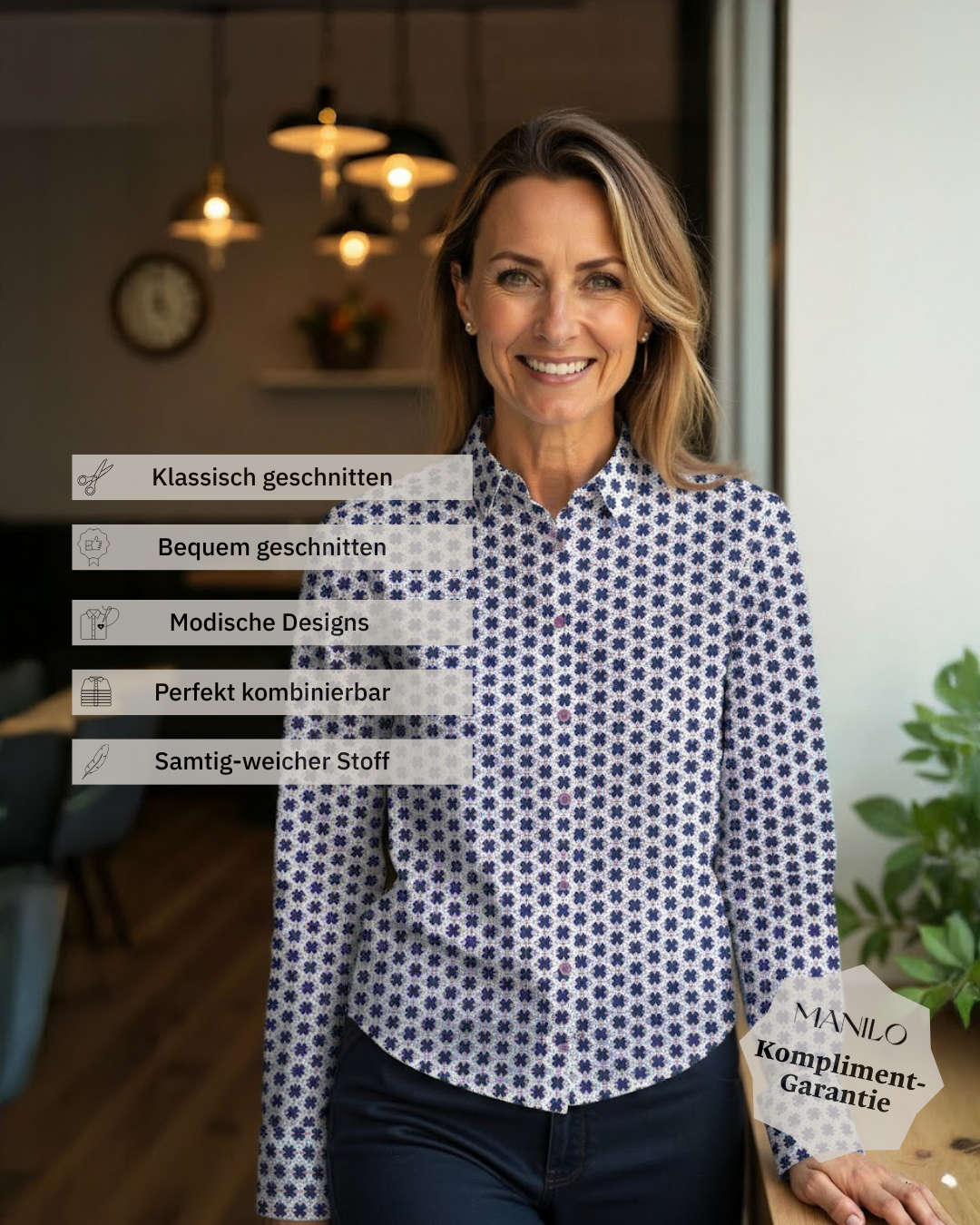 Stretch-Bluse SOPHIE mit Schneeflocken-Print in Rosa/Blau (Art. 2243D-S)