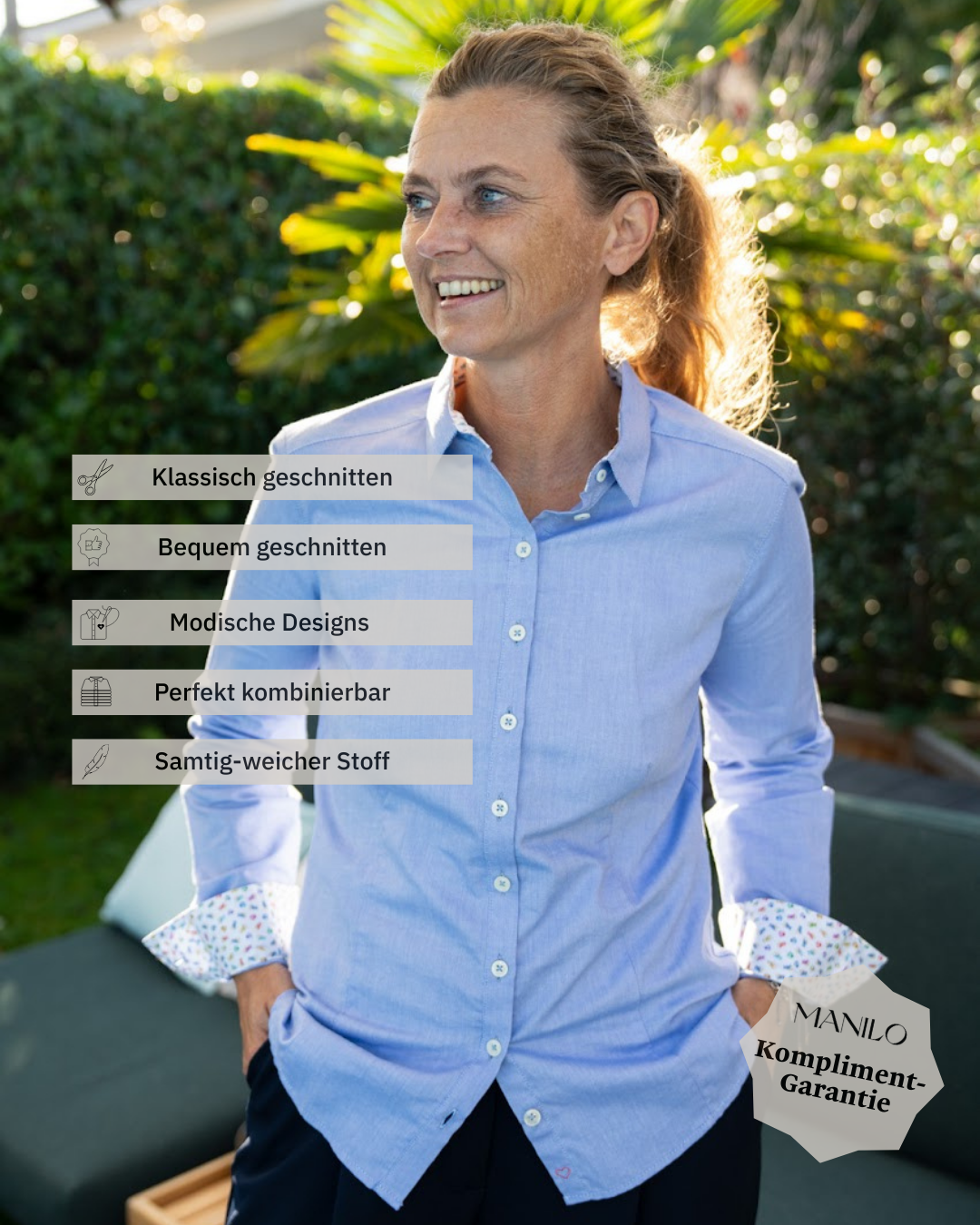 Bluse SOPHIE mit Printmuster in Kragen und Manschette in Blau (Art. 2155D-S)