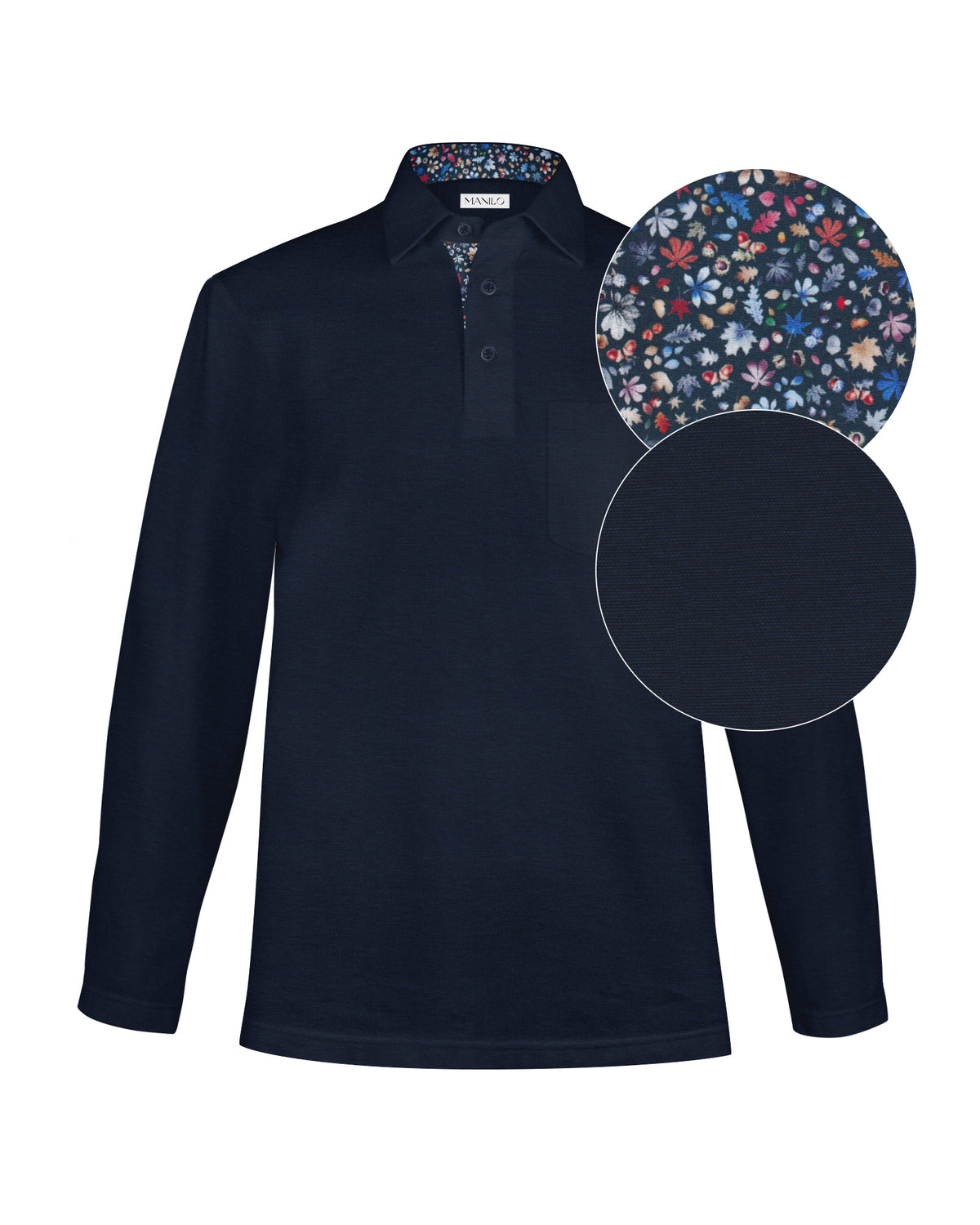 Polo shirt in dark blue with print pattern on collar and button placket (3101-PS-LA)