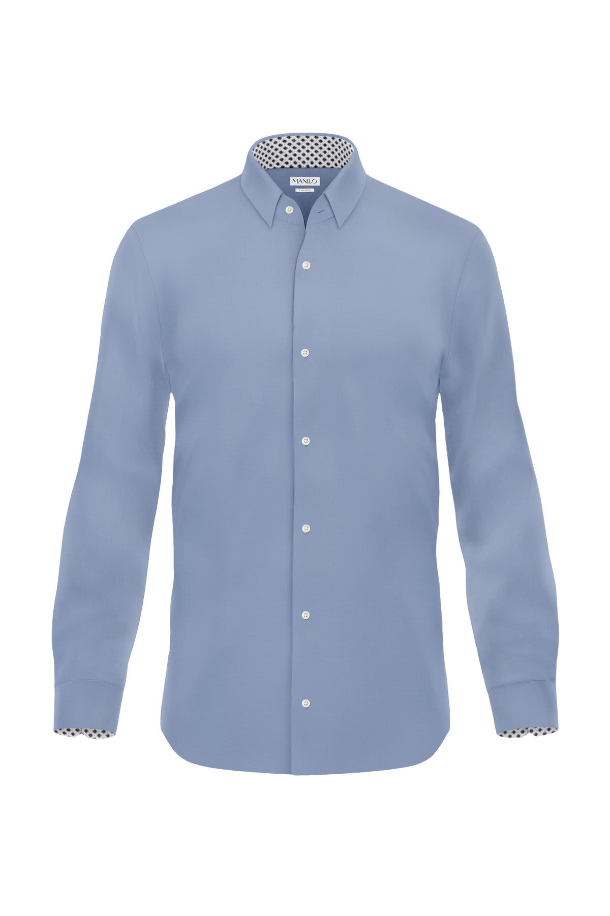 Easy-iron casual shirt with print pattern in collar and cuff in light blue (item 1012-C)