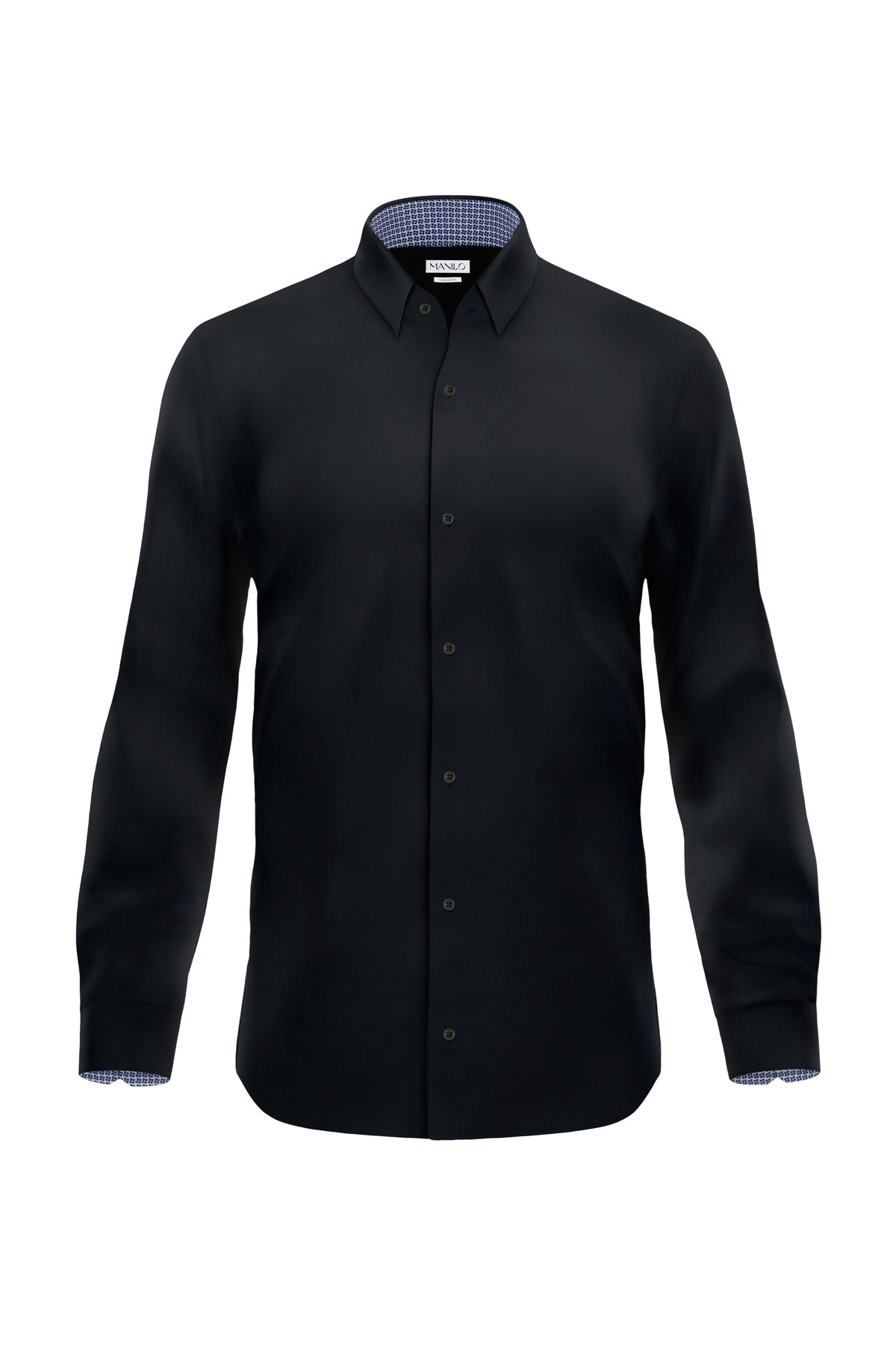 Chemise décontractée facile à repasser avec motif imprimé dans le col et les poignets en noir (art. 1014-C)