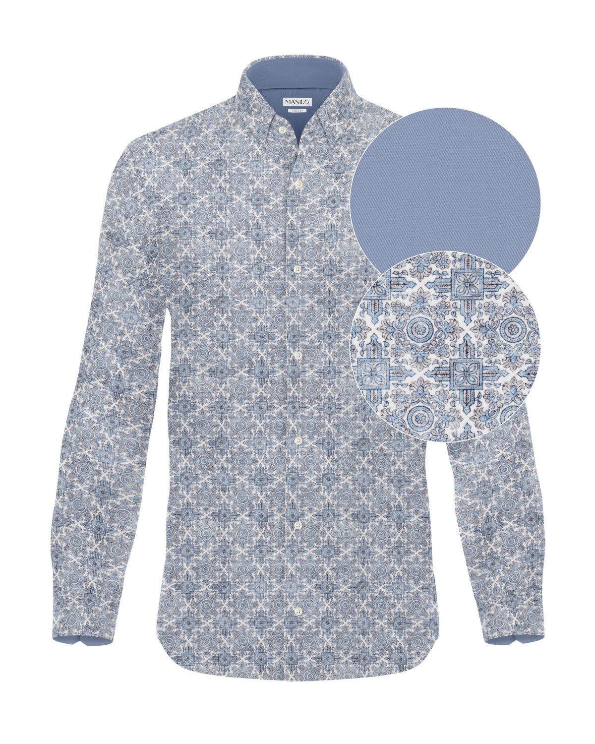 Chemise de loisirs à manches longues avec imprimé oriental bleu clair (2821-C)