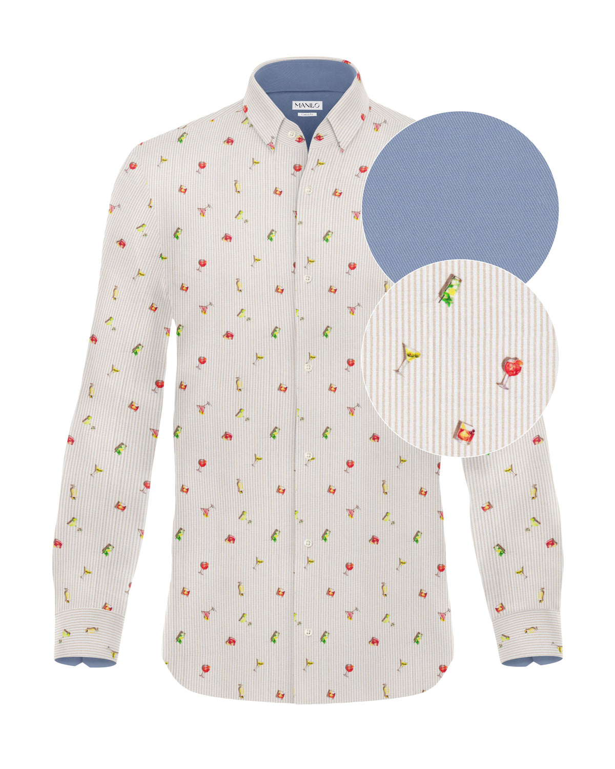 Long-sleeved casual shirt with cocktail print in beige (2841-C)