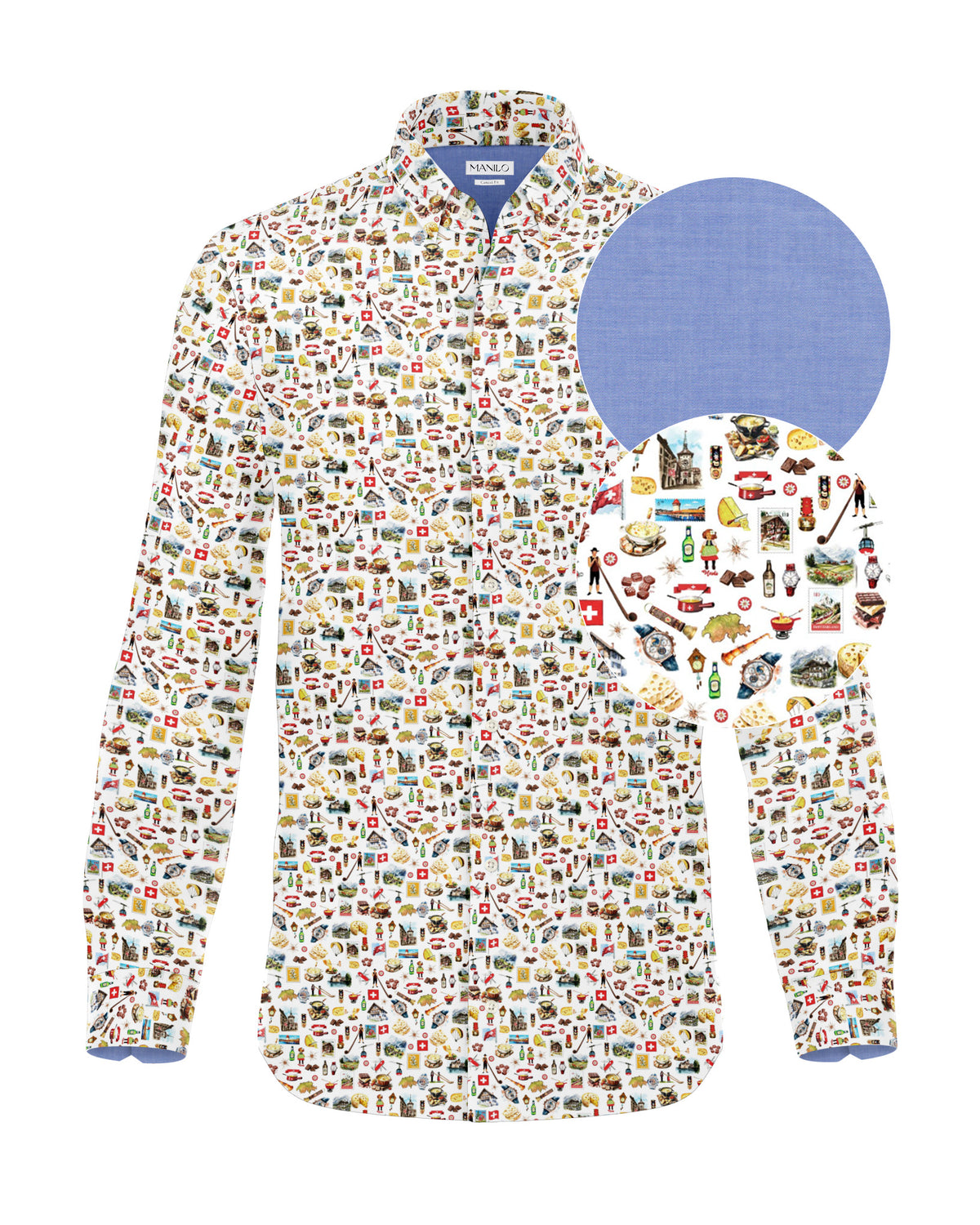 Long-sleeved casual shirt with Swiss print in white (3047-C)