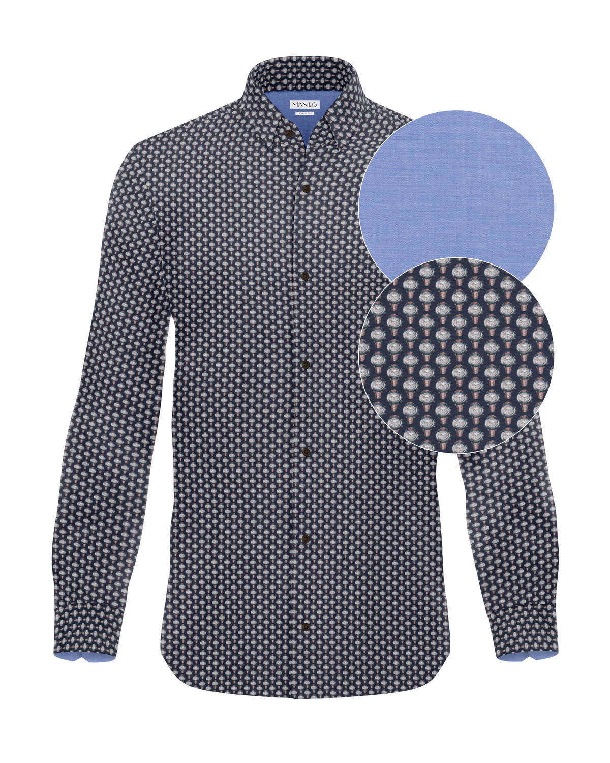 Freizeithemd Langarm mit Uhren Print in Blau/Braun (3050-C)