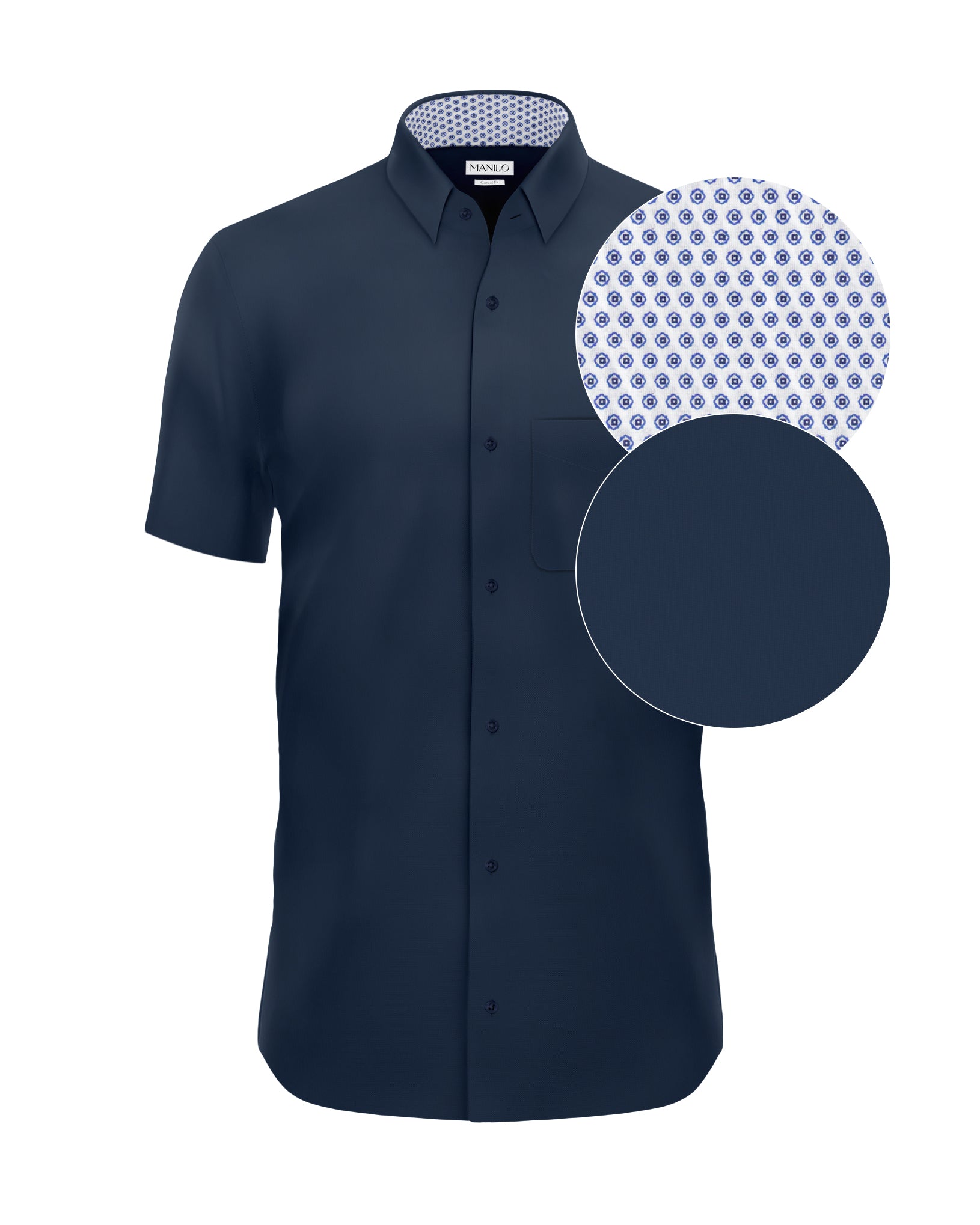 Easy-iron short-sleeved casual shirt with print pattern in collar and cuff in dark blue (item 1013-C-KA)