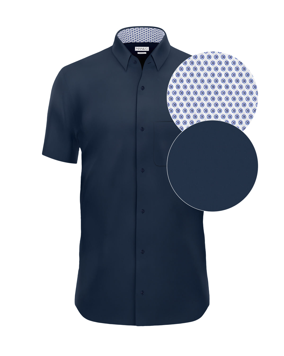 Chemise décontractée facile à repasser à manches courtes avec motif imprimé dans le col en bleu foncé (art. 1013-C-KA)
