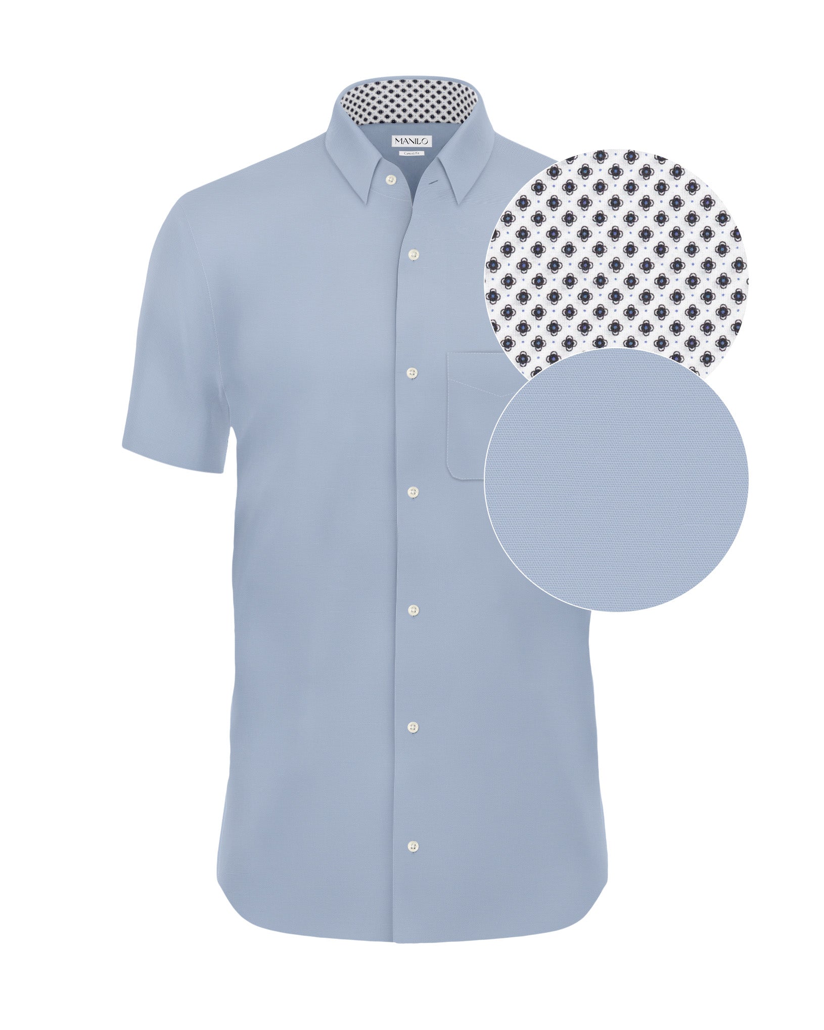 Easy-iron short-sleeved casual shirt with print pattern in collar and cuff in light blue (item 1016-C-KA)