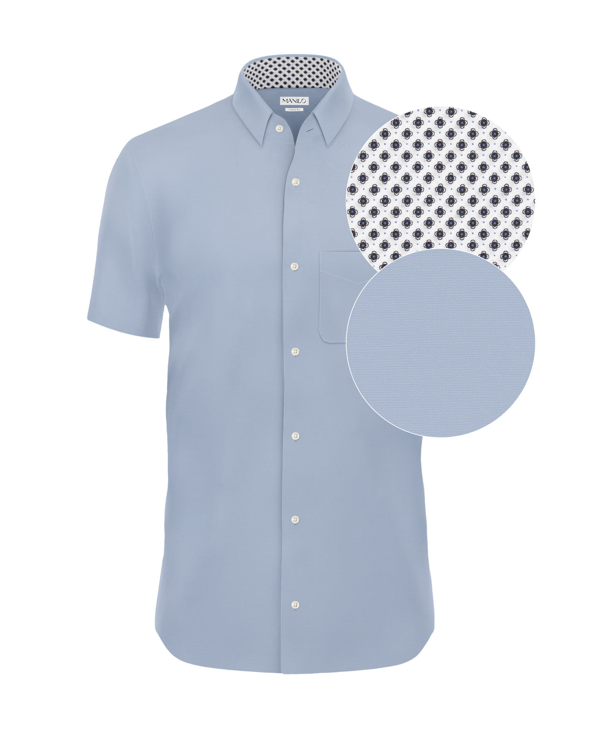 Chemise décontractée facile à repasser à manches courtes avec motif imprimé dans le col en bleu clair (art. 1016-C-KA)