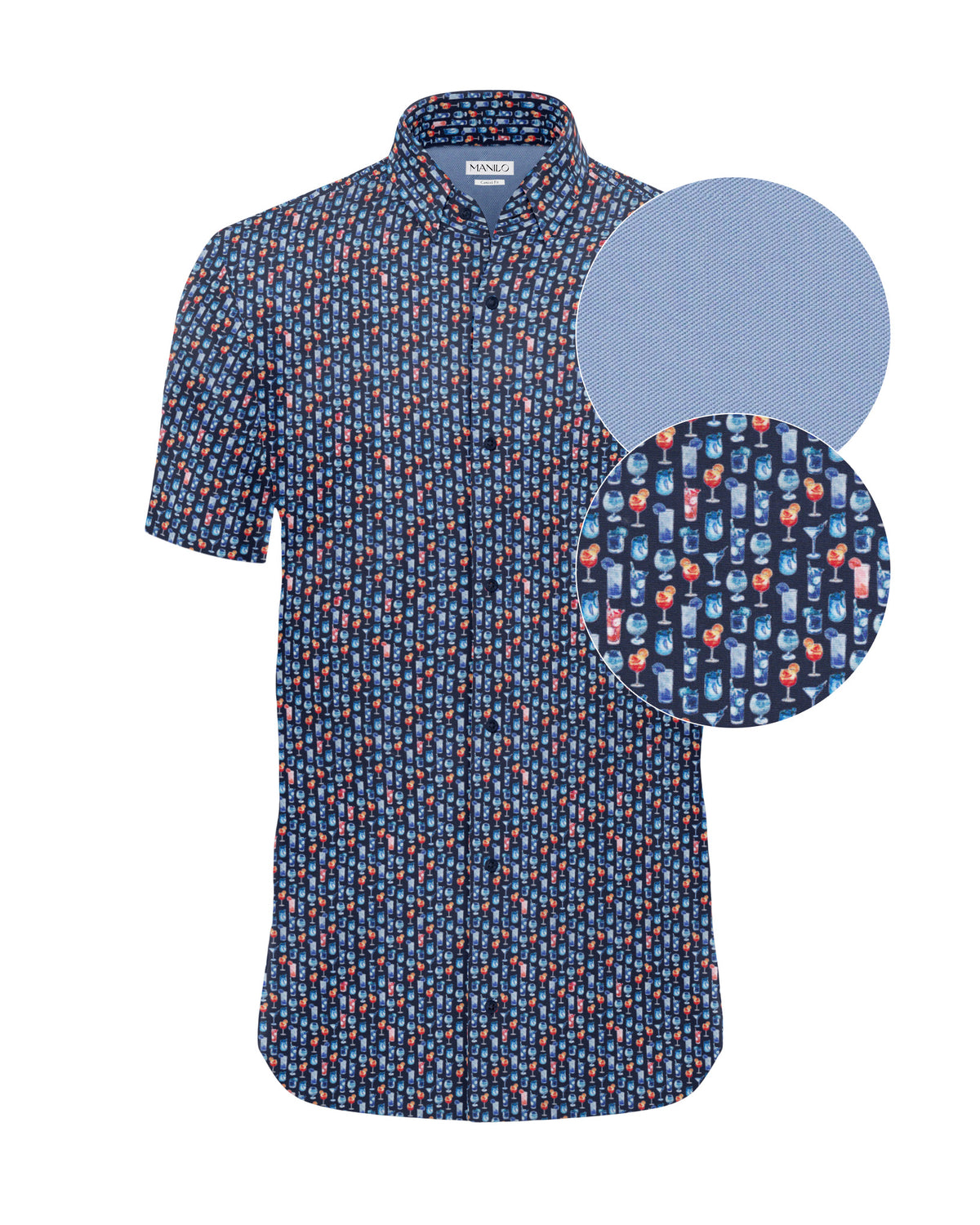 Freizeithemd Kurzarm mit Cocktail-Print in Dunkelblau (2843-C-KA)