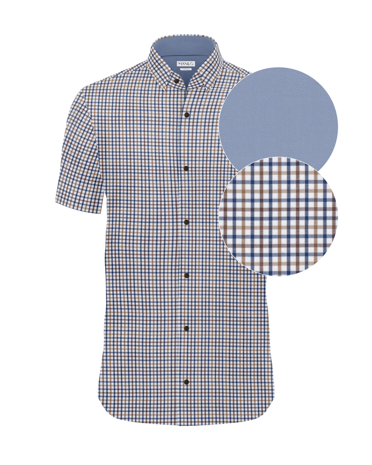 Chemise à manches courtes à carreaux bleu/beige/marron (2859-C-KA)