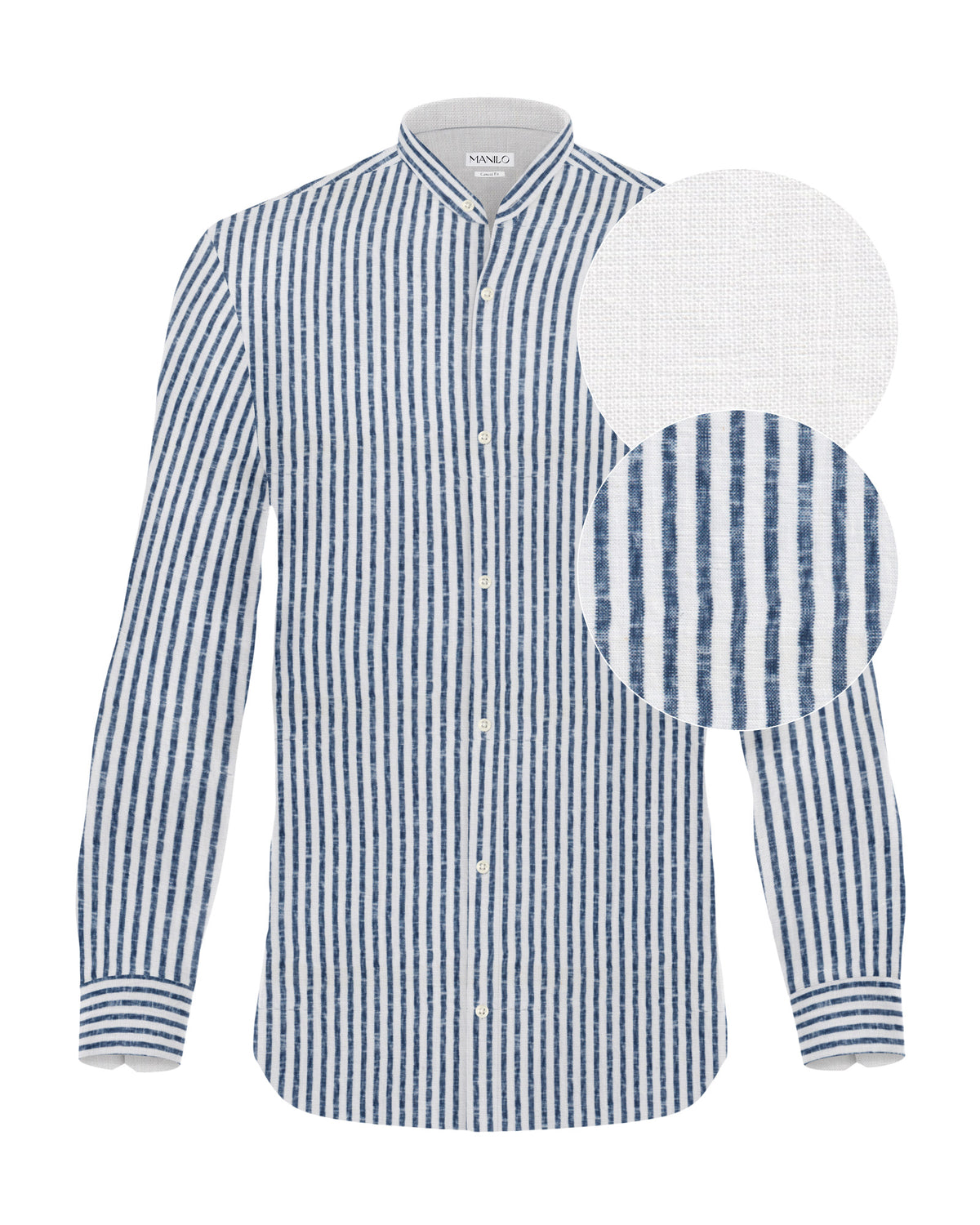 Chemise en lin à manches longues avec col montant et rayures bleu foncé (2871-C-SK)