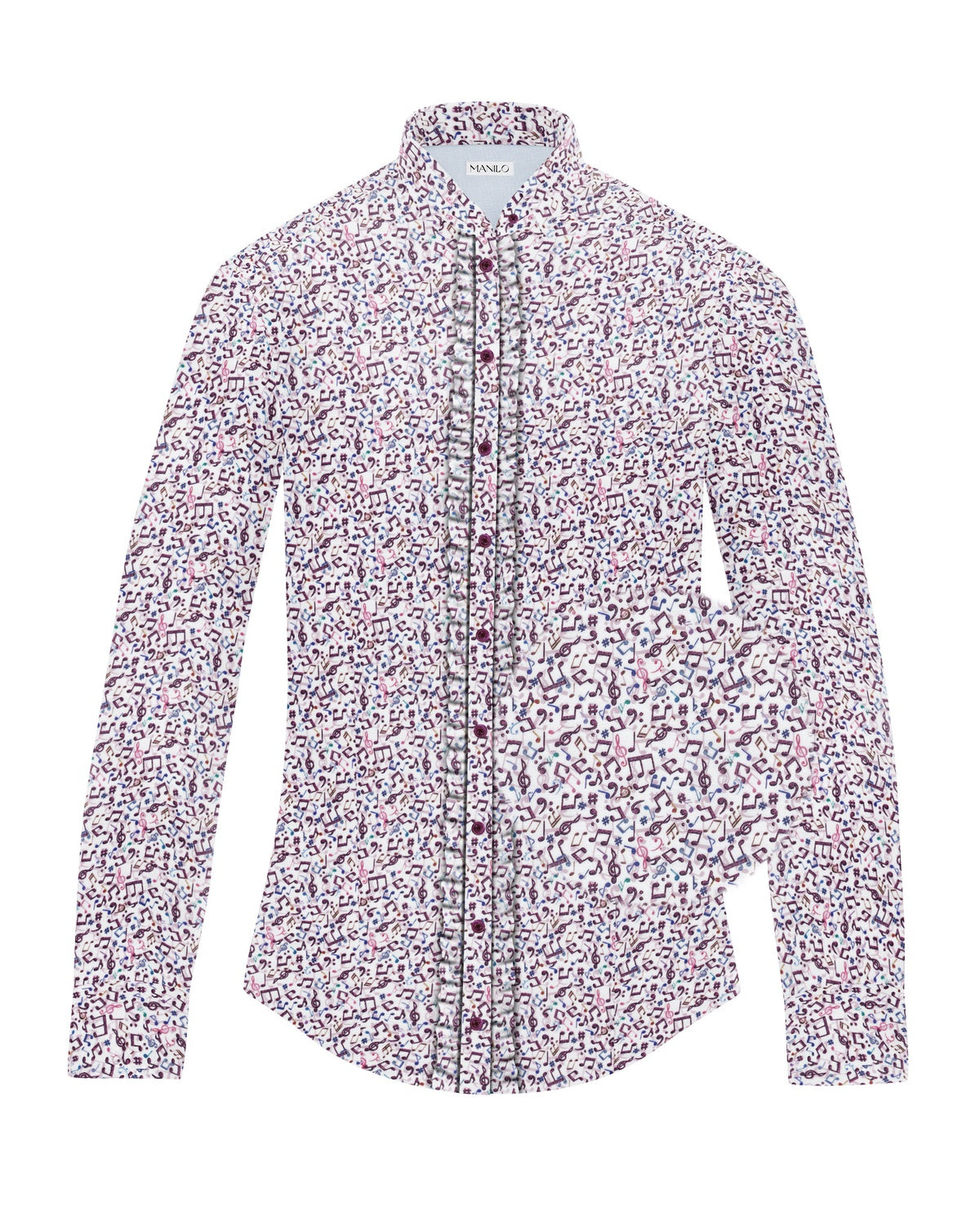 Stretch-Bluse SOPHIE mit Rüschen und Musikprint in Violett (Art. 2232D-S-R)
